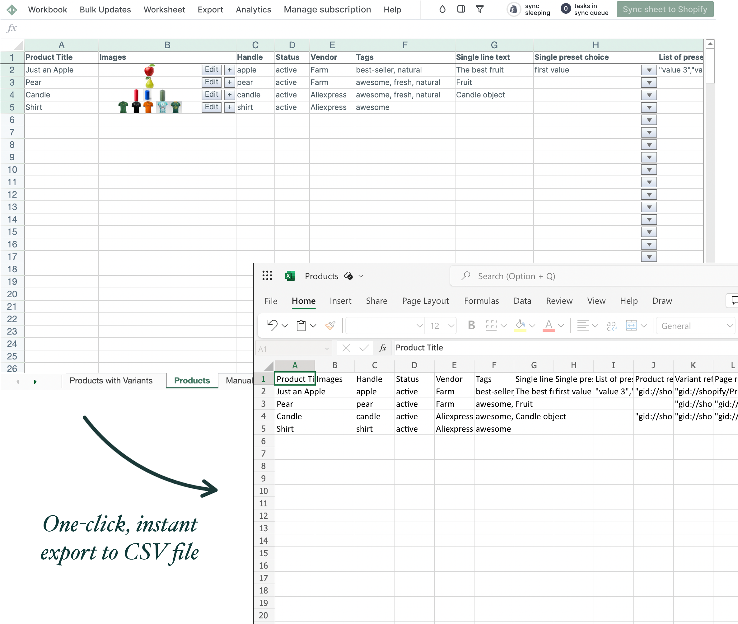 Mixtable CSV Shopify data export screenshot