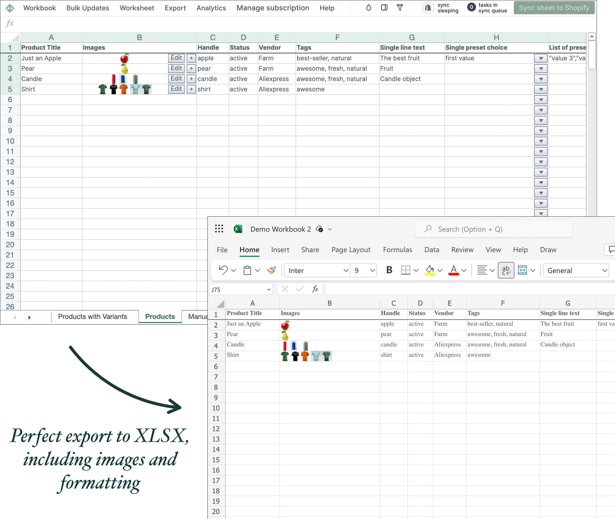 Mixtable Excel XLSX Shopify data export screenshot