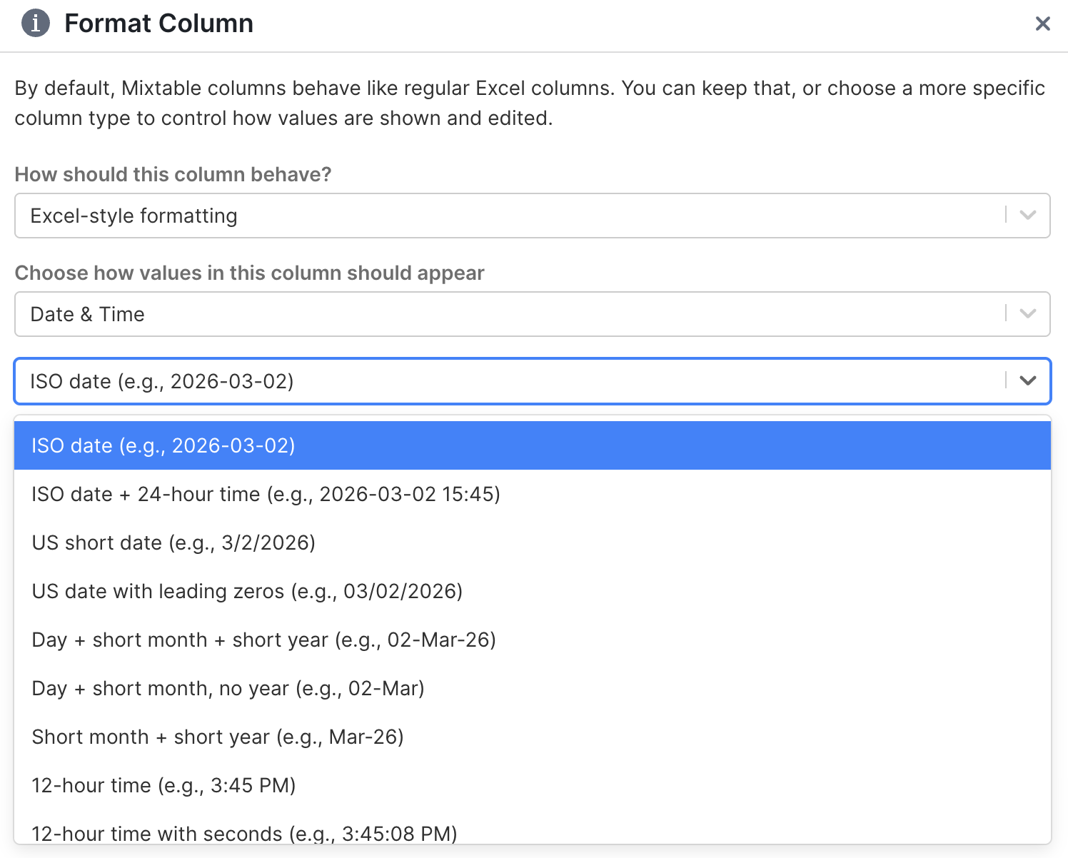 Date and time format options in Mixtable