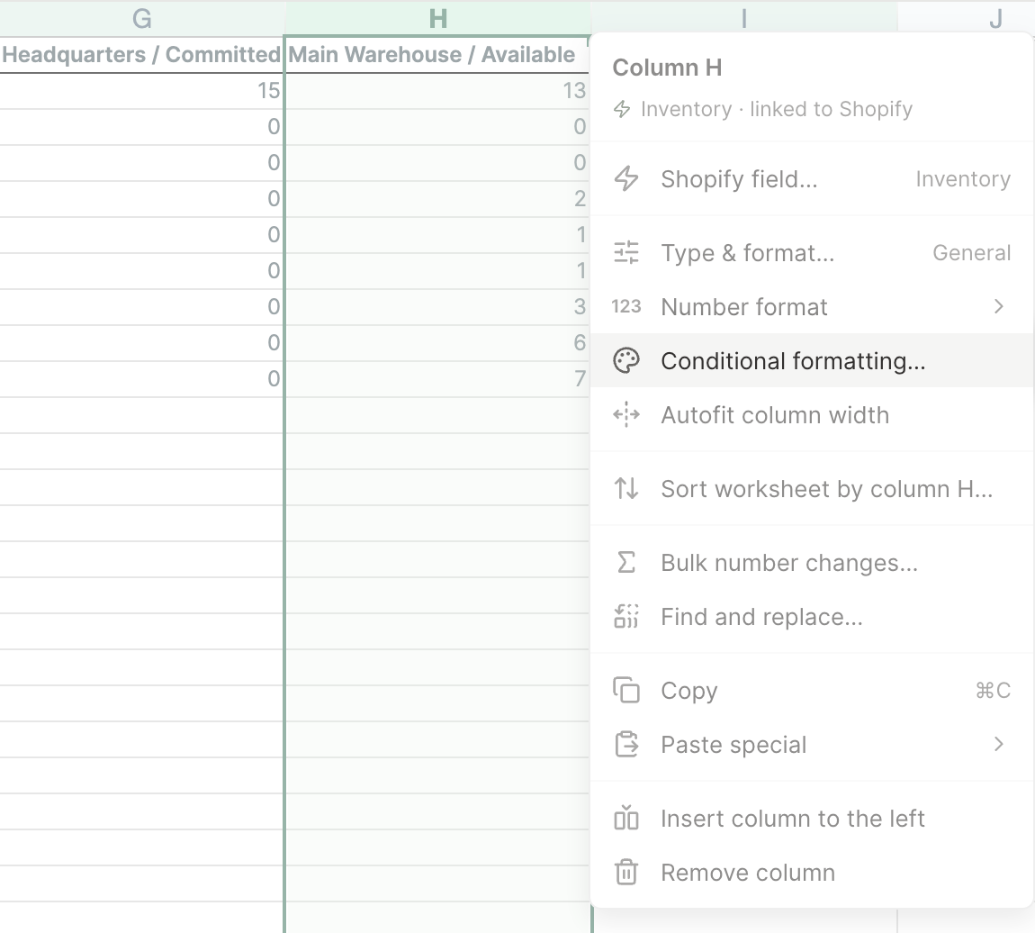 Mixtable column menu opened by right-clicking column H of a Shopify inventory worksheet, with Conditional formatting… highlighted