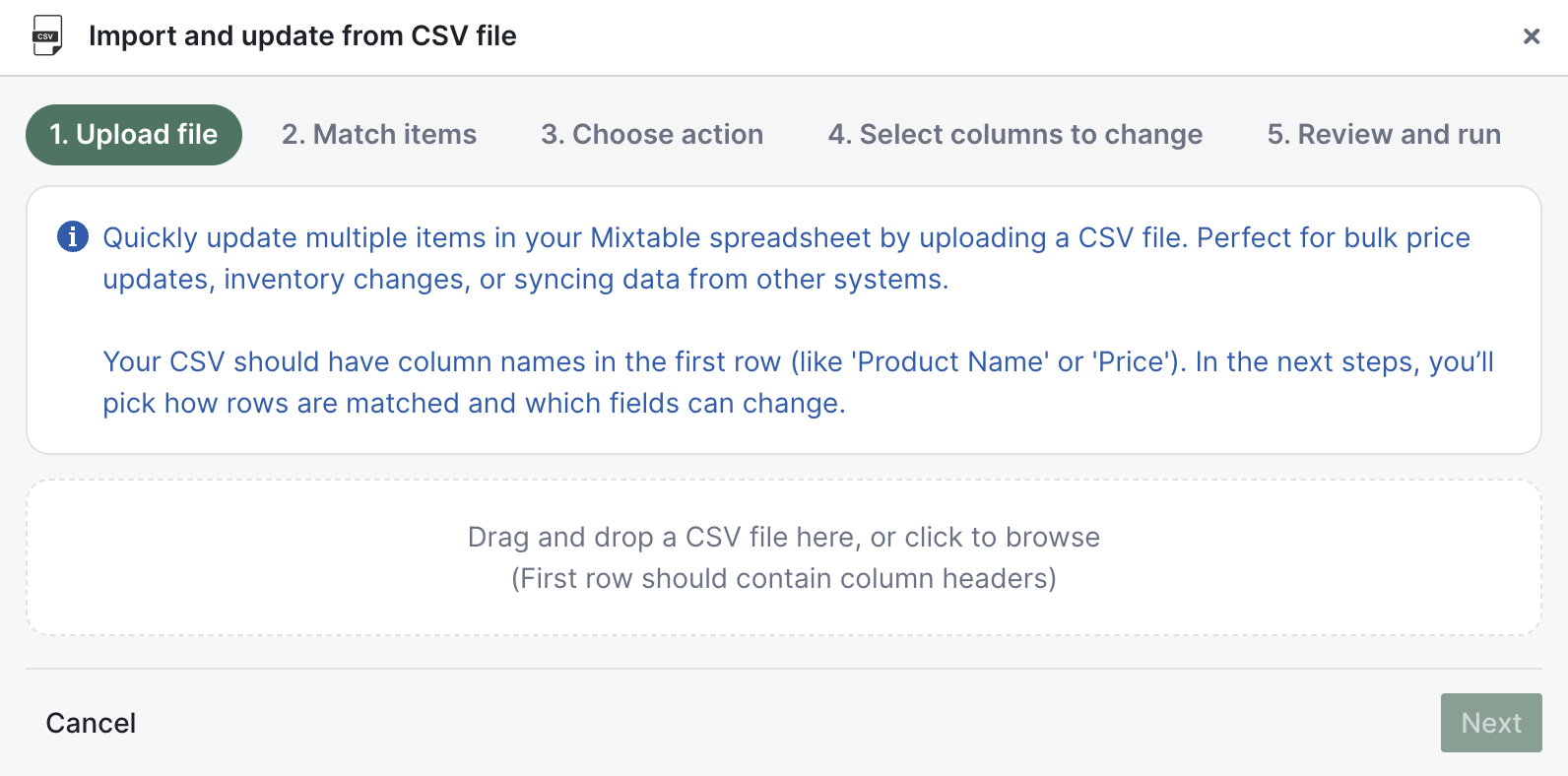CSV importer step 1: upload file
