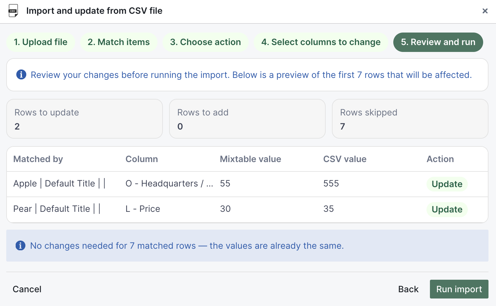 CSV importer review step