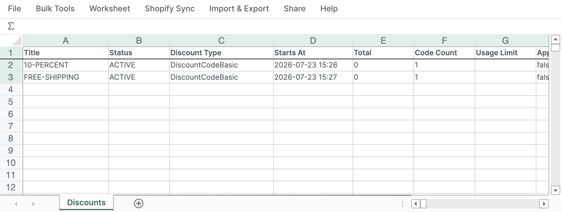 Discounts worksheet showing active promotions, discount types, start dates, code counts, and usage limits
