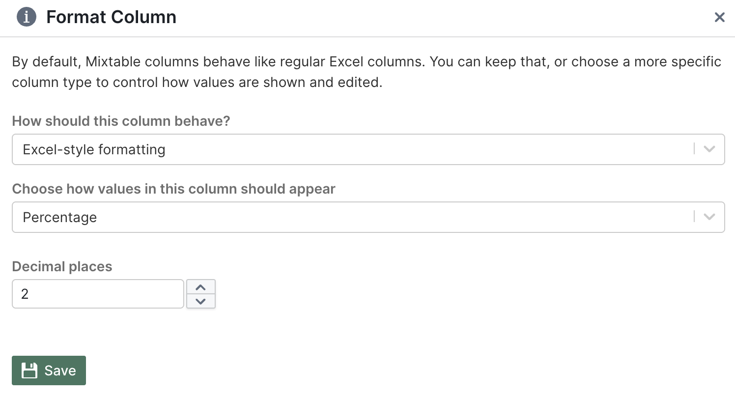 Percentage formatting options in Mixtable Format Column