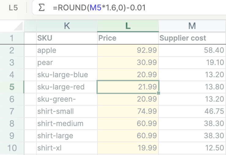 A formula in the Mixtable spreadsheet setting each Shopify variant's price from a supplier cost column, with the new prices waiting to sync