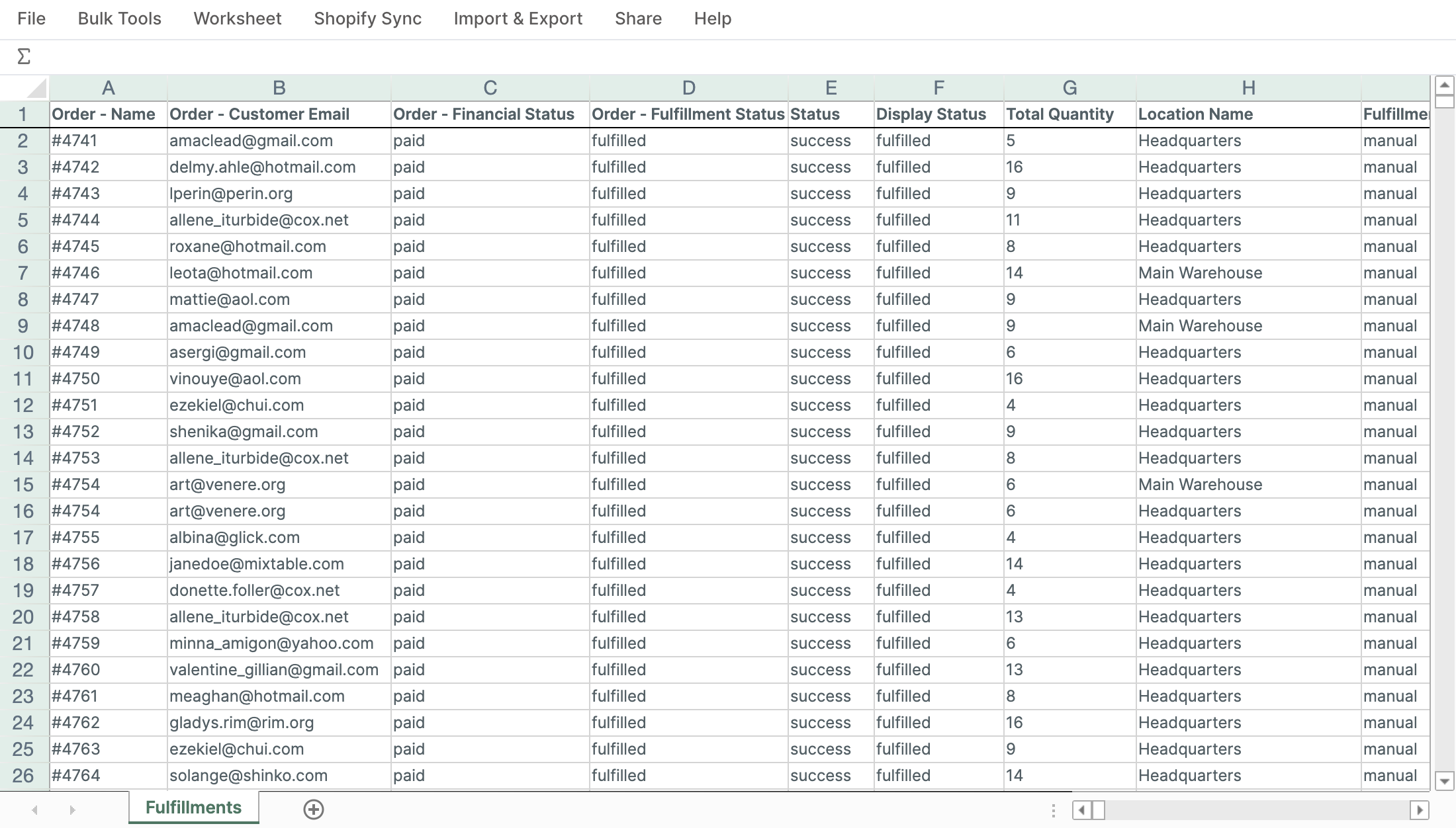 Fulfillments worksheet showing order status, fulfillment status, quantities, and fulfillment locations