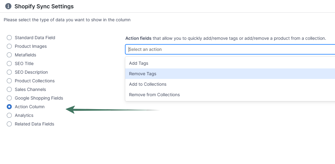 Action column for bulk editing Shopify tags and collection in an online spreadsheet 