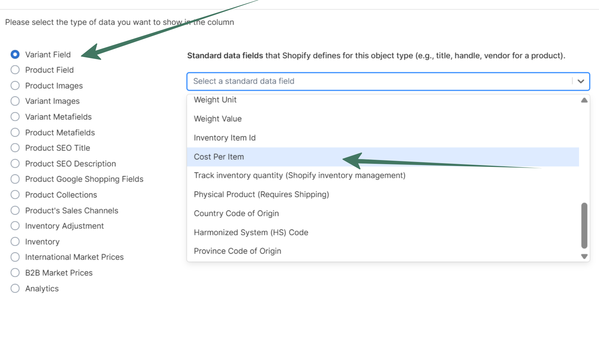 Cost per item Shopify edit in spreadsheet