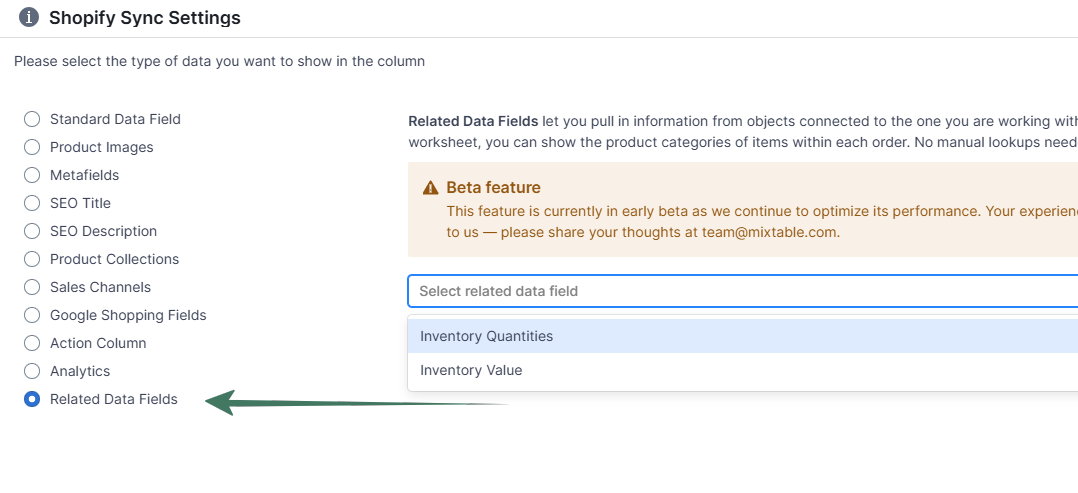 Related data field per product