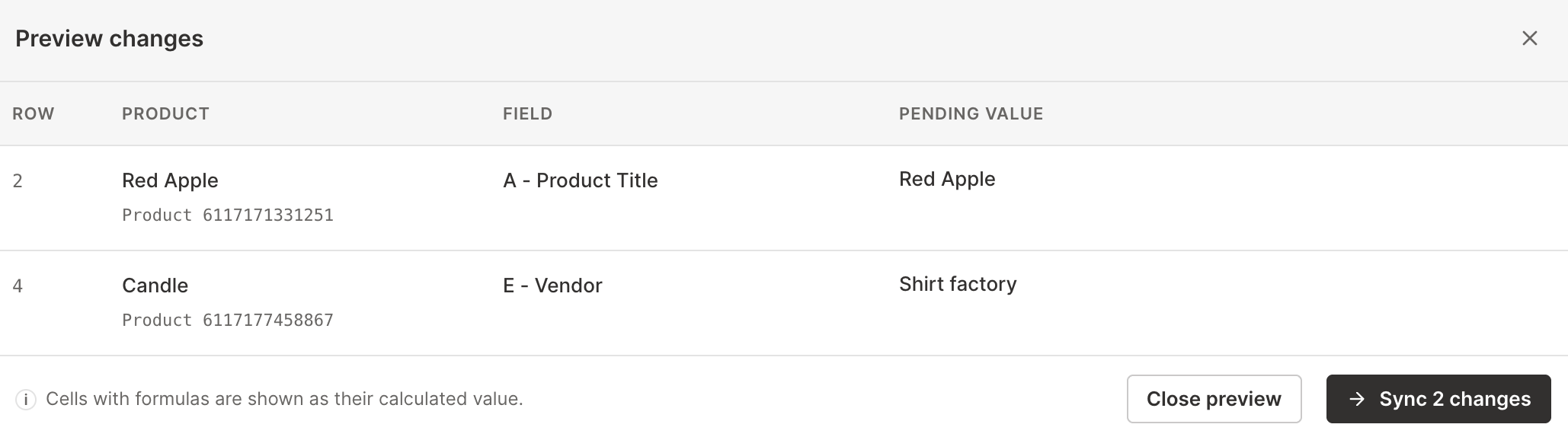 Preview changes dialog showing pending Shopify edits in Mixtable