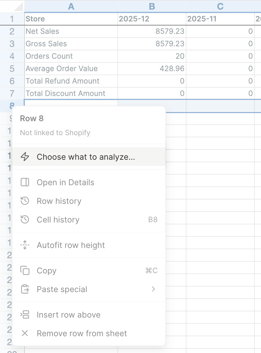The row menu of an empty row in a Mixtable Reporting worksheet of Shopify sales, with Choose what to analyze… highlighted at the top