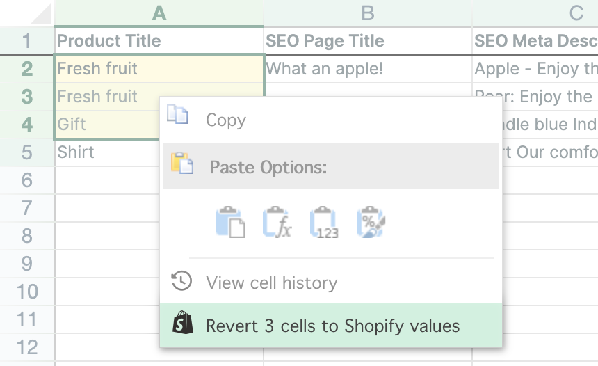 Cell right-click menu in a Mixtable spreadsheet of Shopify products, with Revert 3 cells to Shopify values