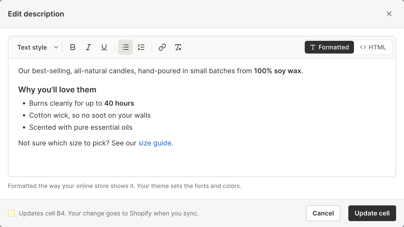 Mixtable's Edit description window in the Formatted view, with the toolbar above a Shopify product description that has a heading, bold text, a bulleted list and a link