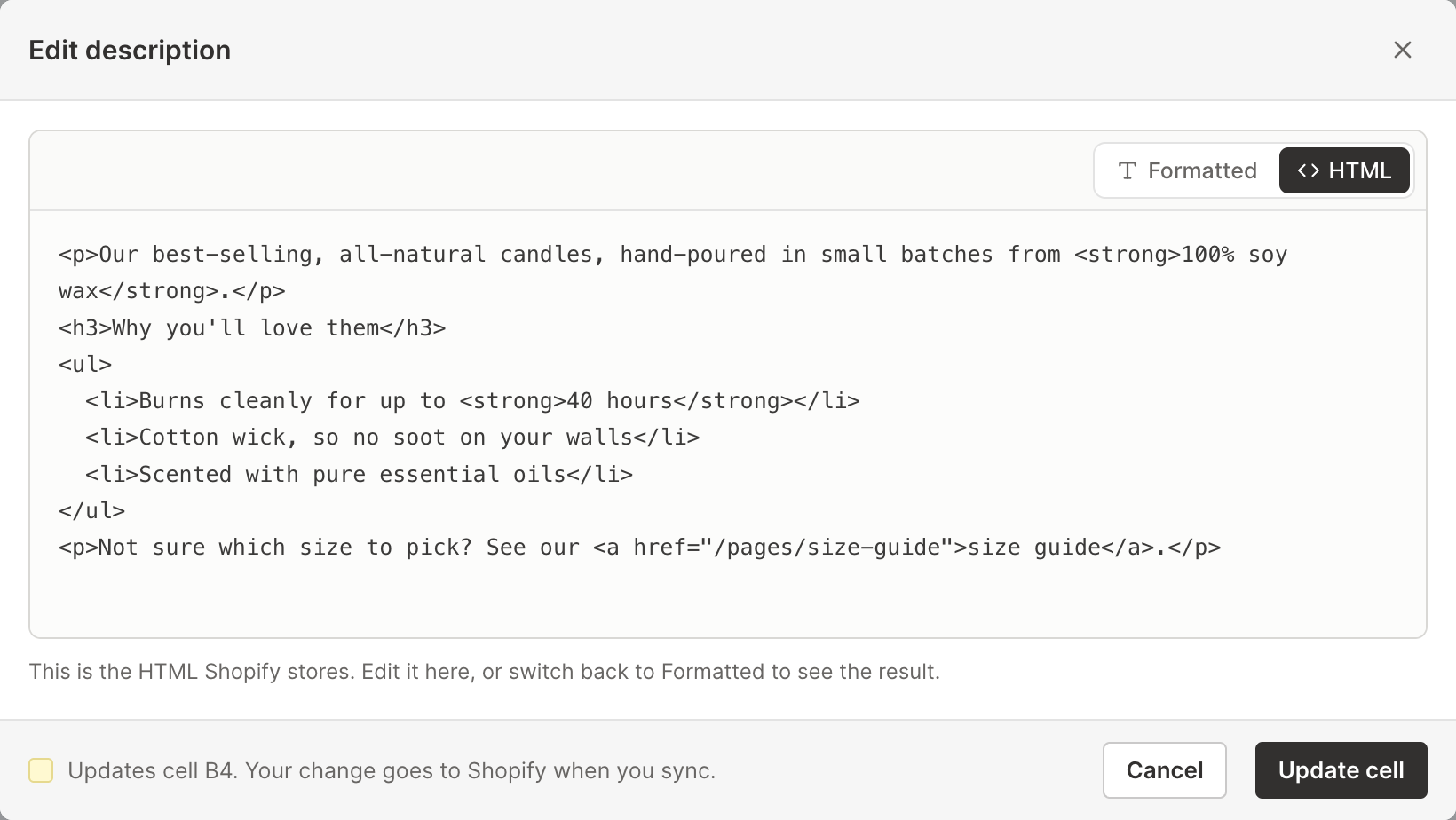 The same Shopify product description in the HTML view of Mixtable's Edit description window, with one paragraph, heading or list item per line