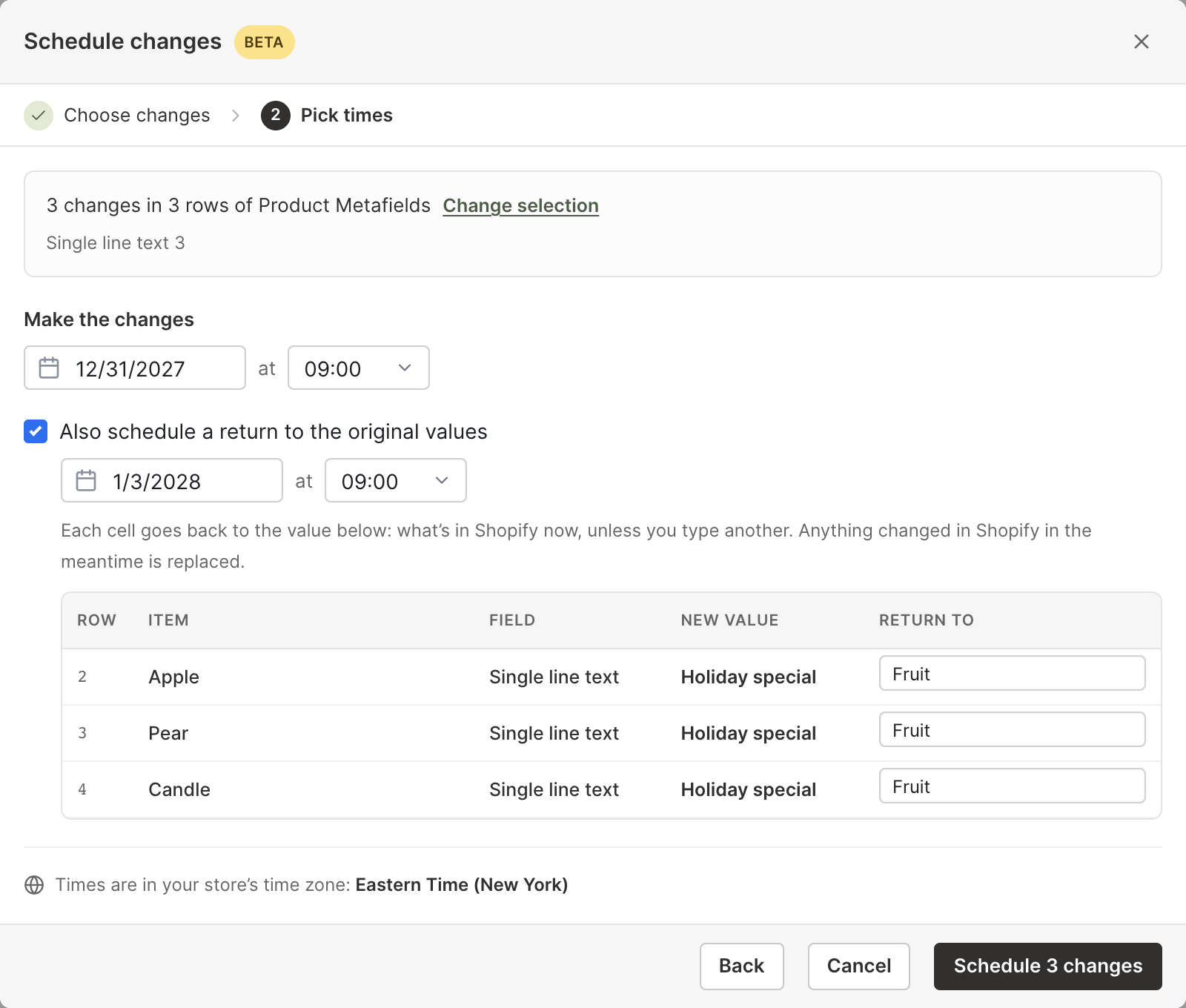 Pick times step of the Mixtable Schedule changes window, with Make the changes set to 12/31/2027 at 09:00 and a return to the original values on 1/3/2028 at 09:00, listing the Shopify value each cell returns to