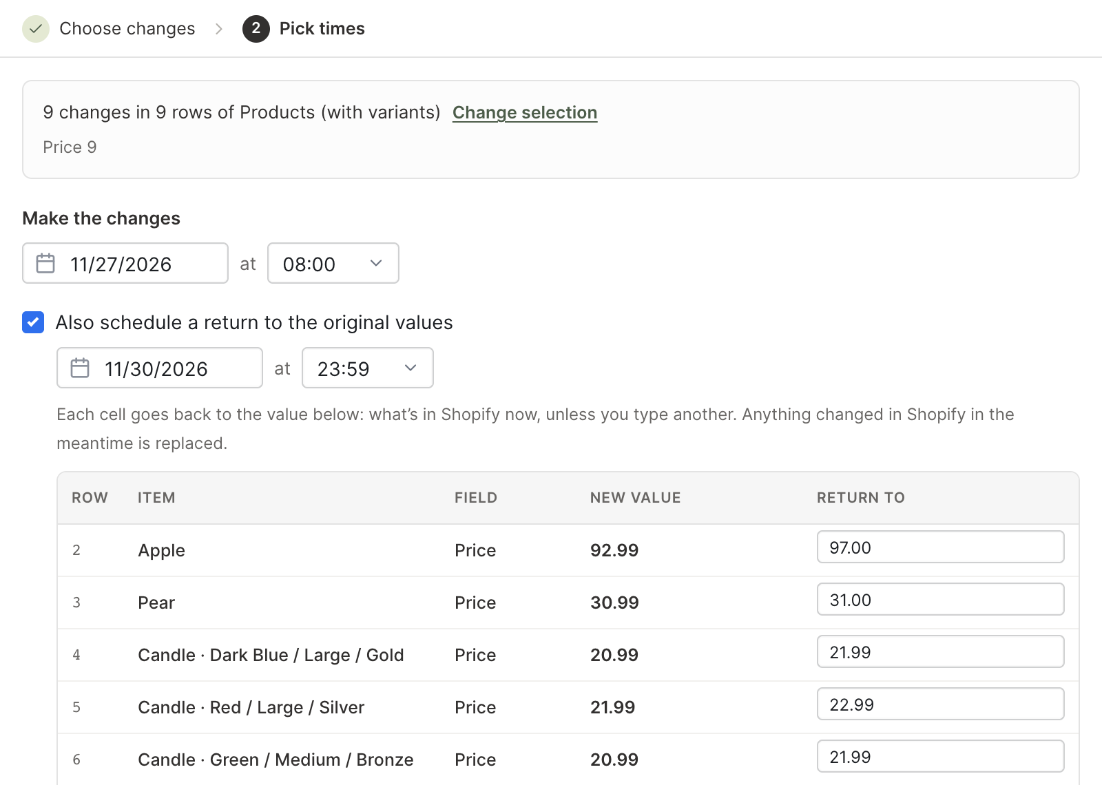 Mixtable's Schedule changes window setting sale prices for a Friday morning and a return to the original Shopify prices on Monday night