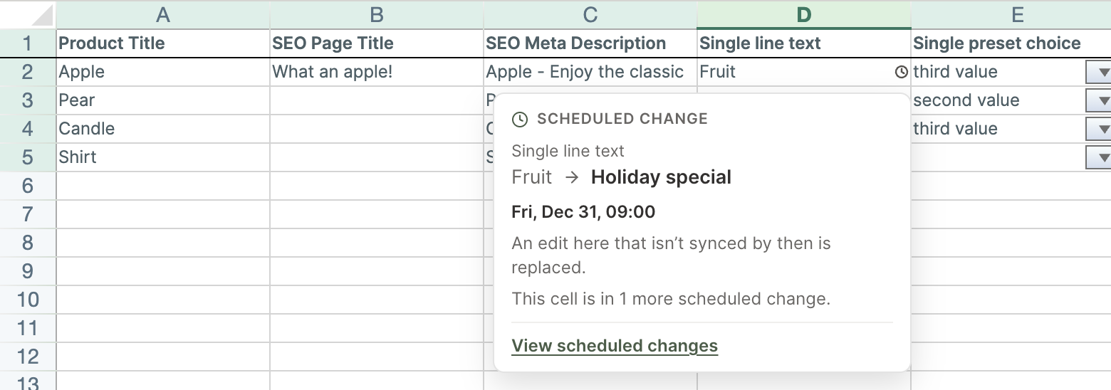 Hover text on a scheduled cell in a Mixtable spreadsheet, showing the Shopify metafield's current and scheduled values, the time, and a View scheduled changes link