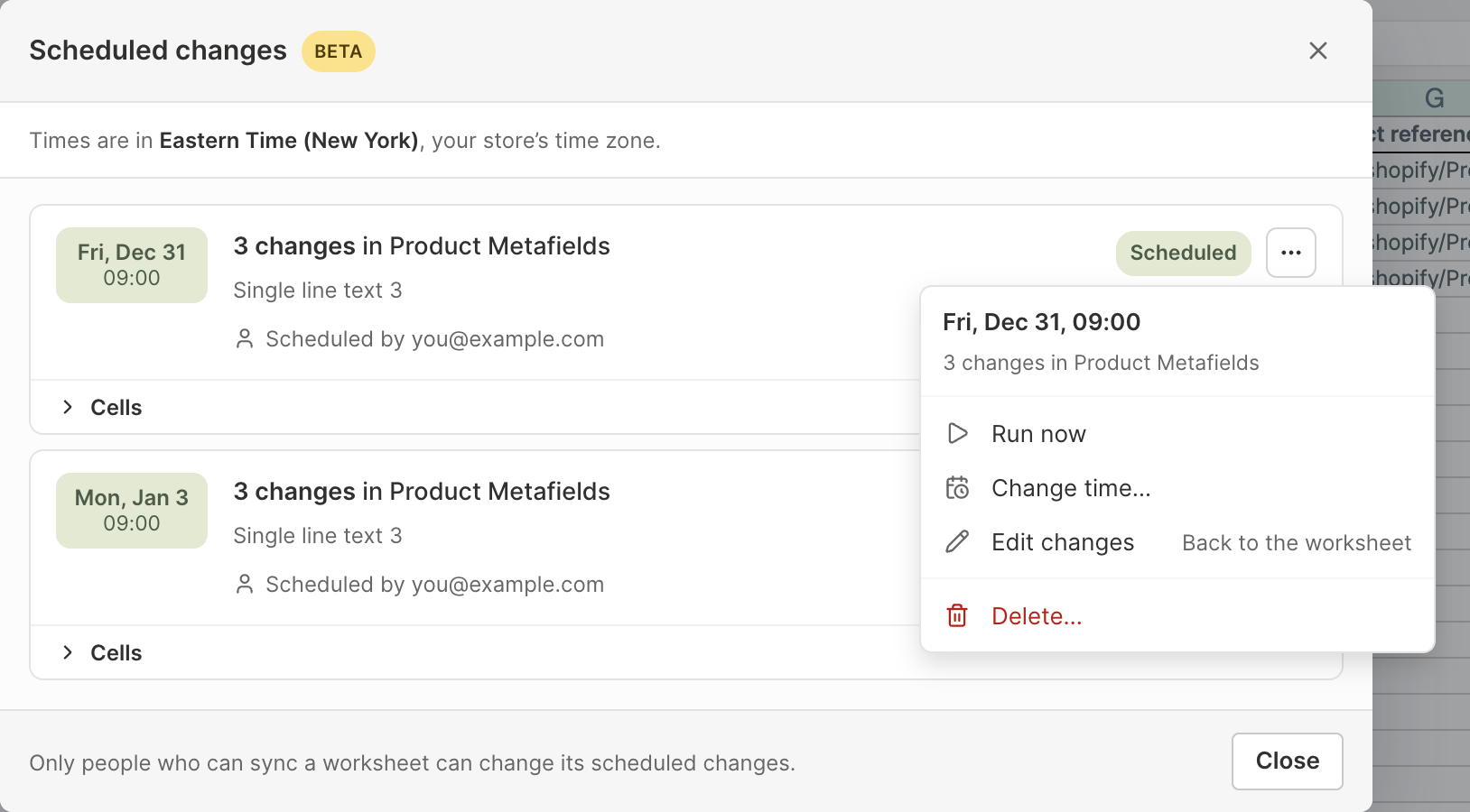 Actions menu of a scheduled change in Mixtable, with Run now, Change time, Edit changes, and Delete