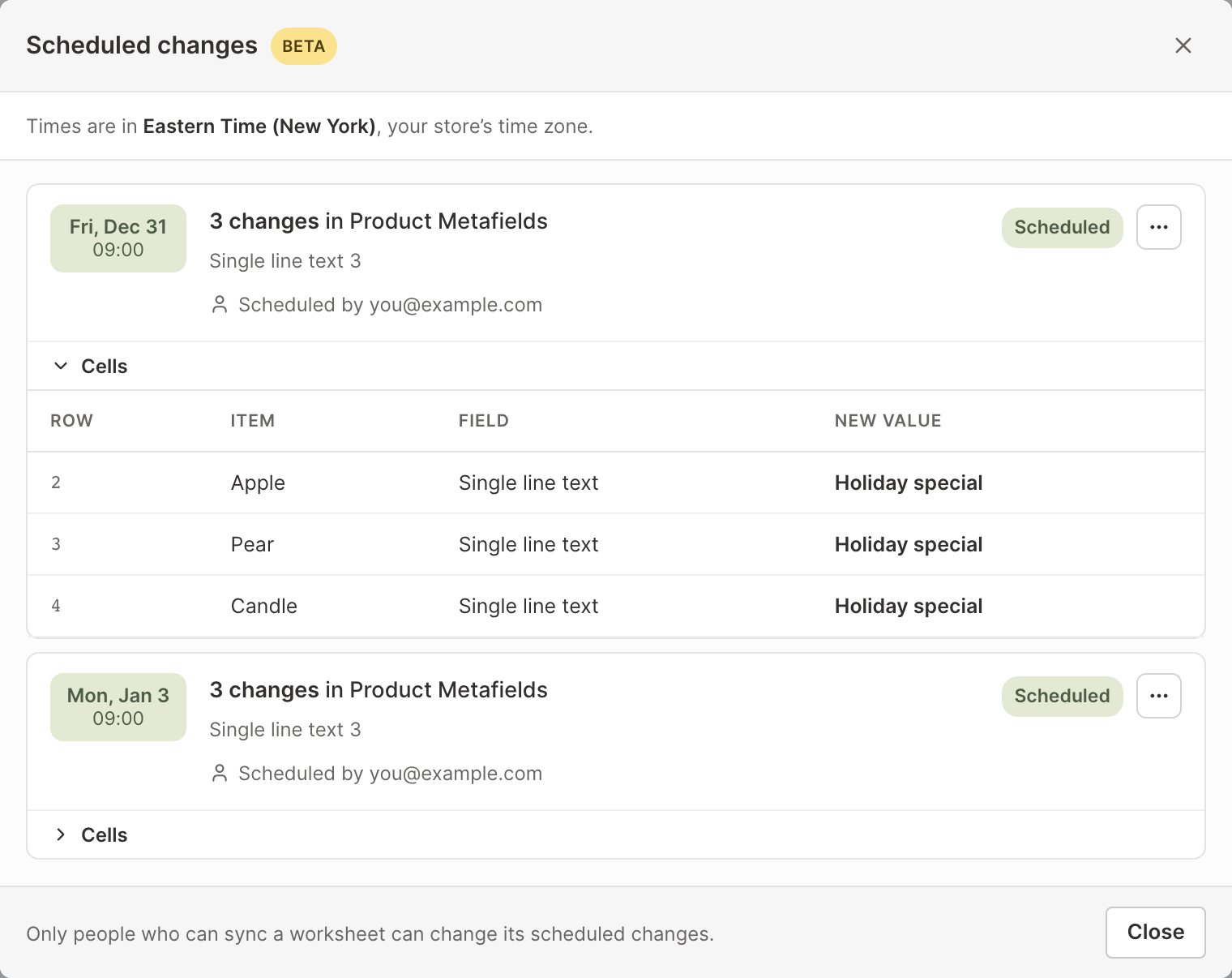 Scheduled changes list in Mixtable with a change on Fri, Dec 31 at 09:00 and its return to the original values on Mon, Jan 3, the first expanded to show its three Shopify metafield cells
