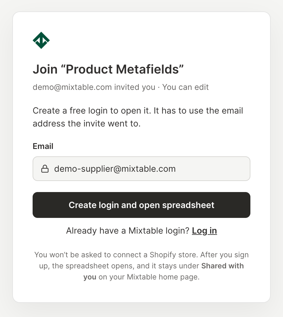 The Join page for a shared Mixtable spreadsheet, with Create login and open spreadsheet and a Log in link