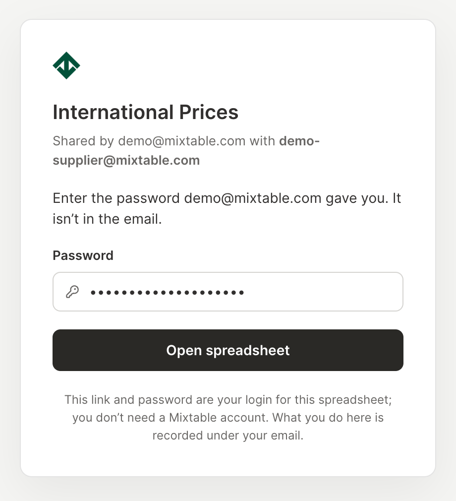 The private link page for a shared Mixtable spreadsheet, asking for the password the owner gave you