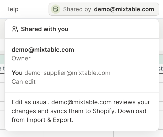 The Shared by menu in a shared Mixtable spreadsheet, showing the owner, your email address, and Can edit access