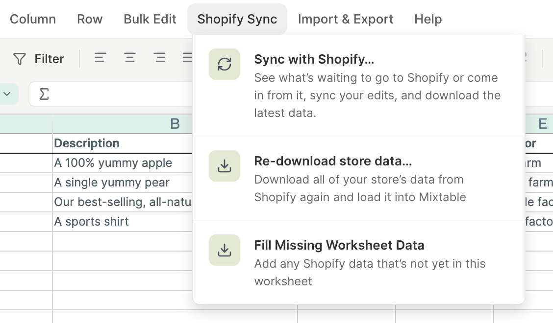 Shopify Sync menu in Mixtable with Sync with Shopify, Re-download store data, and Fill Missing Worksheet Data