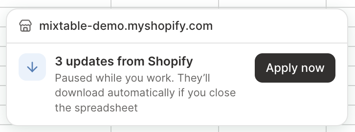 Shopify sync card showing three updates from Shopify waiting, with an Apply now button
