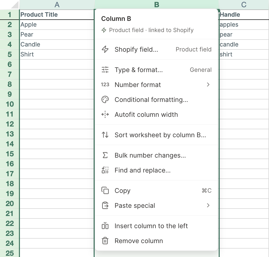The column menu for a Shopify product field column in a Mixtable spreadsheet