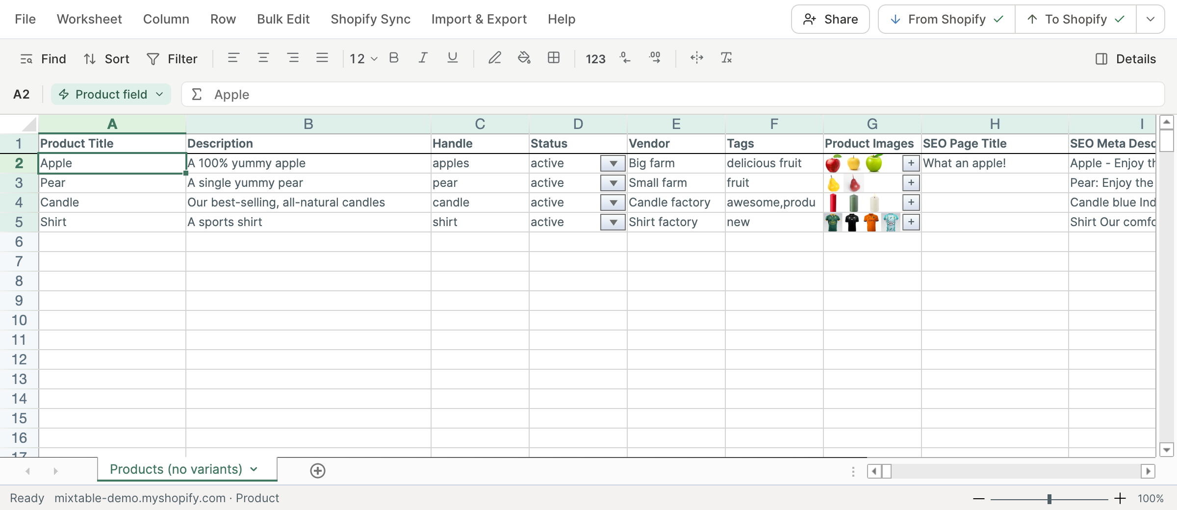 A Mixtable spreadsheet of Shopify products, with the menu bar and sync control at the top, the toolbar under it, the grid, and the worksheet tabs