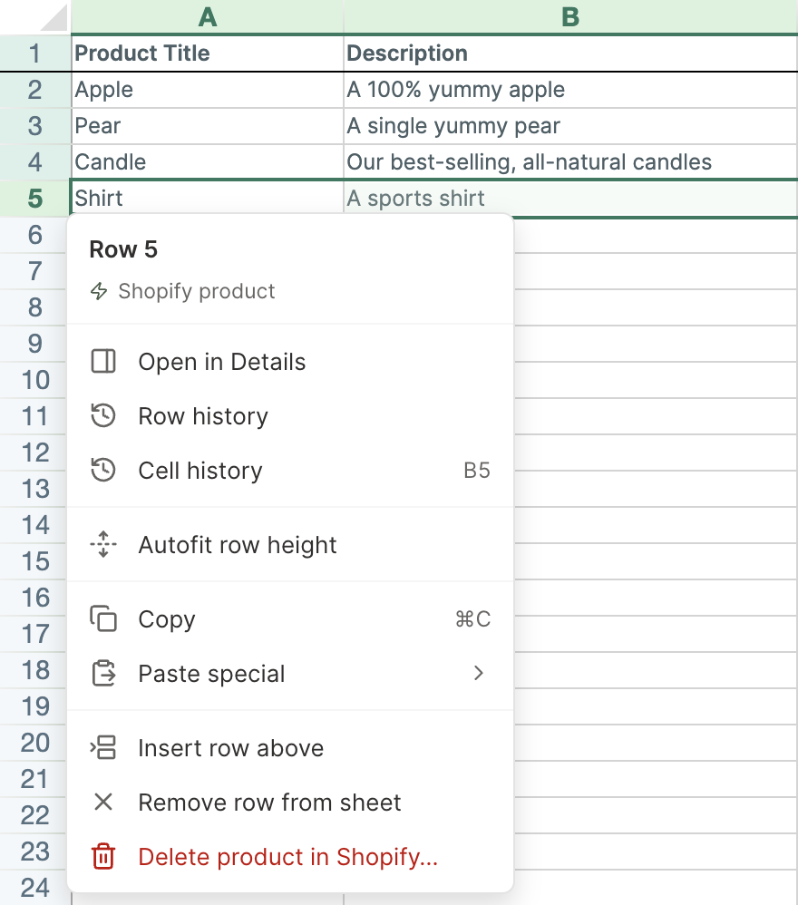 The row menu for a Shopify product row in a Mixtable spreadsheet, from Open in Details to Delete product in Shopify