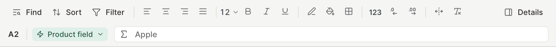 The Mixtable spreadsheet toolbar in a narrower window, with Find, Sort, Filter, the formatting buttons, and Details above the cell address, column chip, and formula box