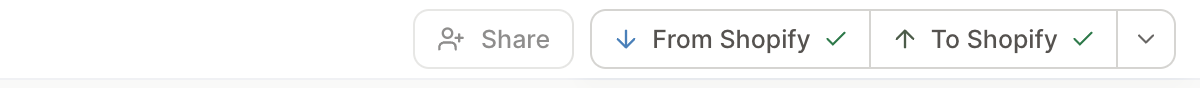 Mixtable sync control next to Share, showing From Shopify and To Shopify with check marks when the spreadsheet is up to date with Shopify