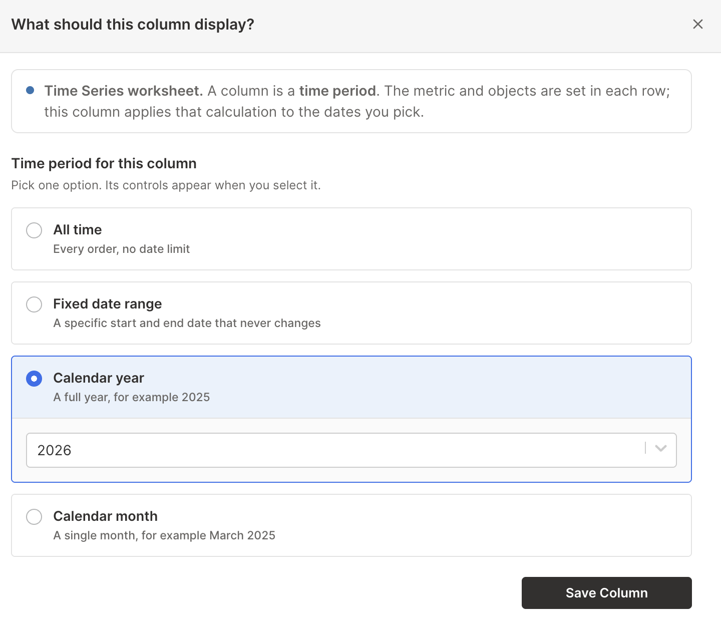 Time Series column settings covering a single Shopify calendar year