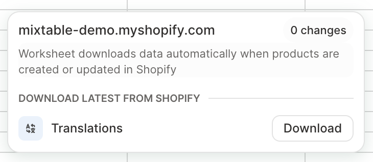 Translations download widget in the Shopify sync panel