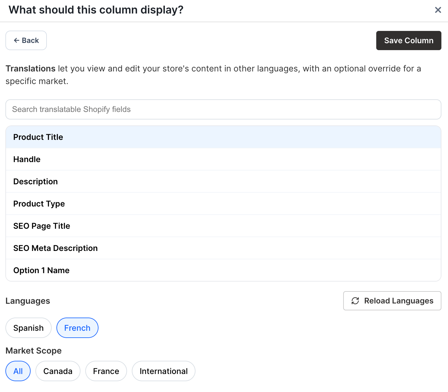 Translation column settings with Product Title and French language selected