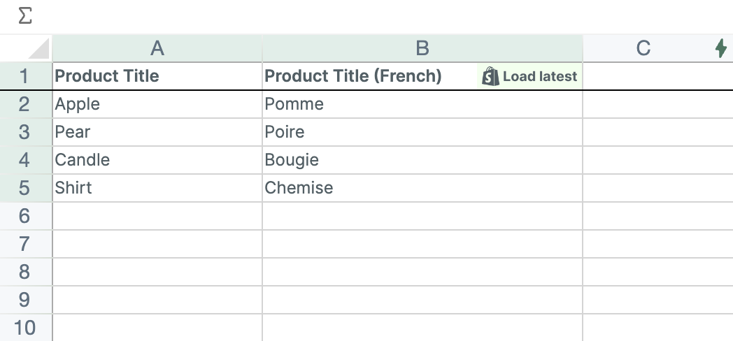Product Title (French) column in spreadsheet showing translations