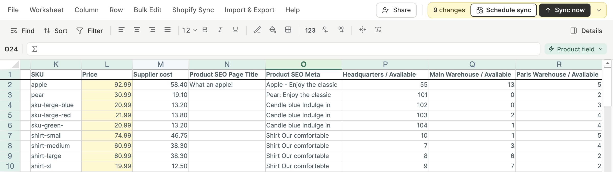 Edited Shopify prices highlighted pale yellow in Mixtable, with the sync control at the top right showing the changes waiting to sync
