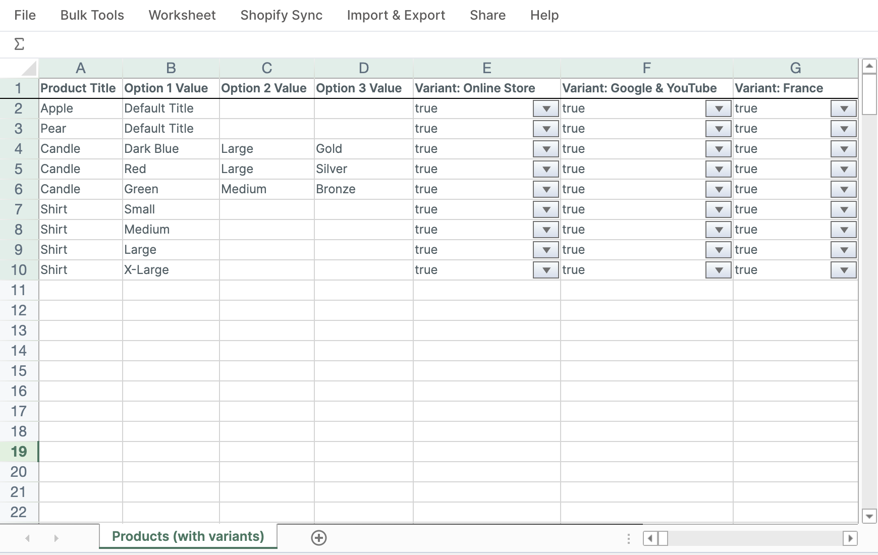 Products with variants worksheet showing separate variant publishing columns for Online Store, Google and YouTube, and a Shopify Market